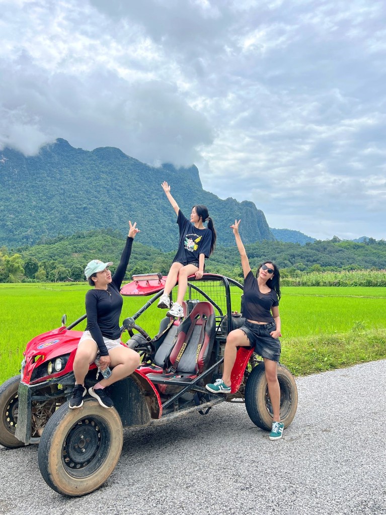 Buggy through rice fields with karst mountains